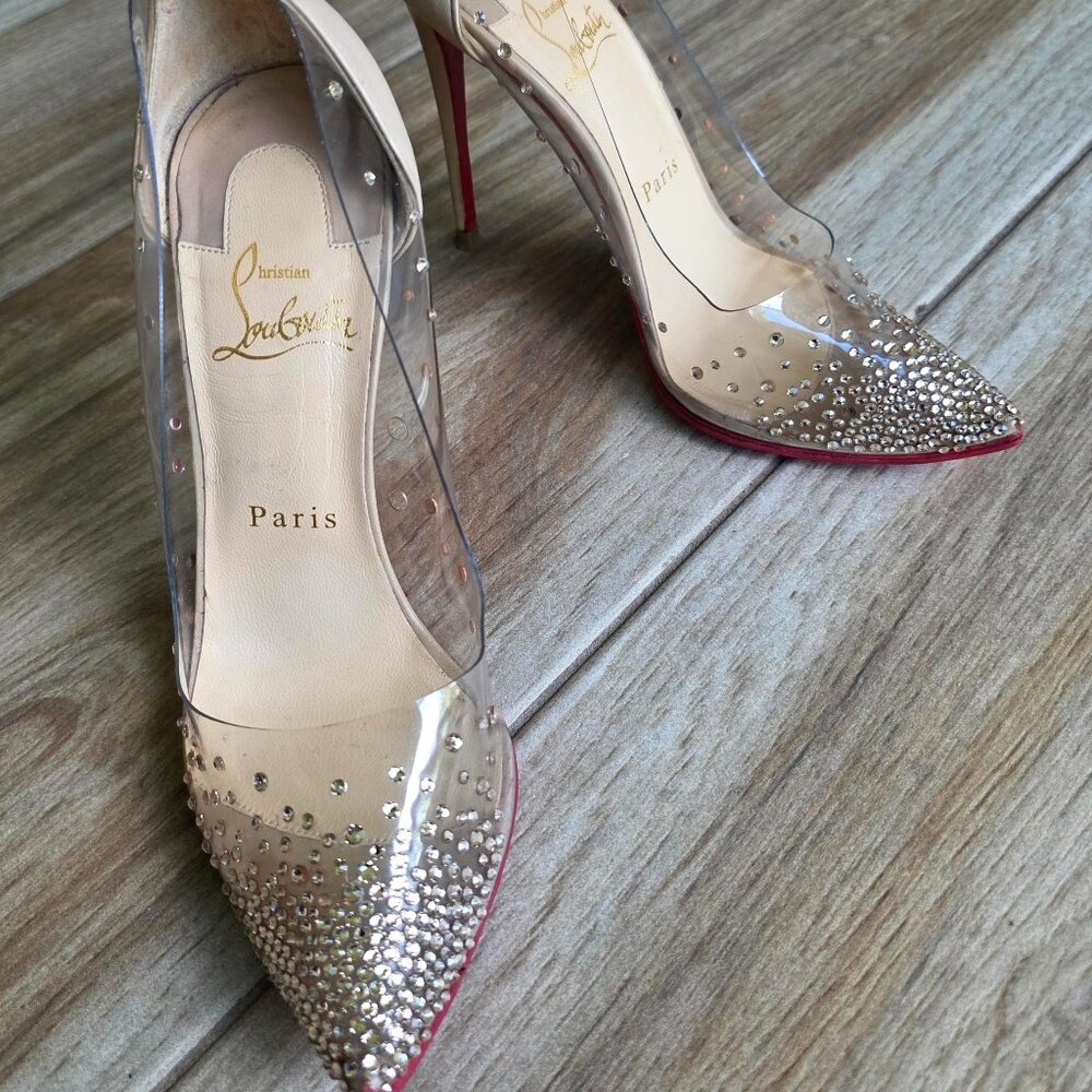 Christian Louboutin Degrastrass Nude & PVC Embellished Crystal Shoe Eur.37 - Picture 3 of 16